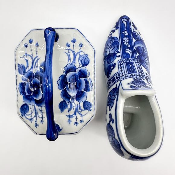 Chinese Canton Chinoiserie Blue White Trinket Box w/ Lid Plus Ceramic Shoe - Picture 4 of 13